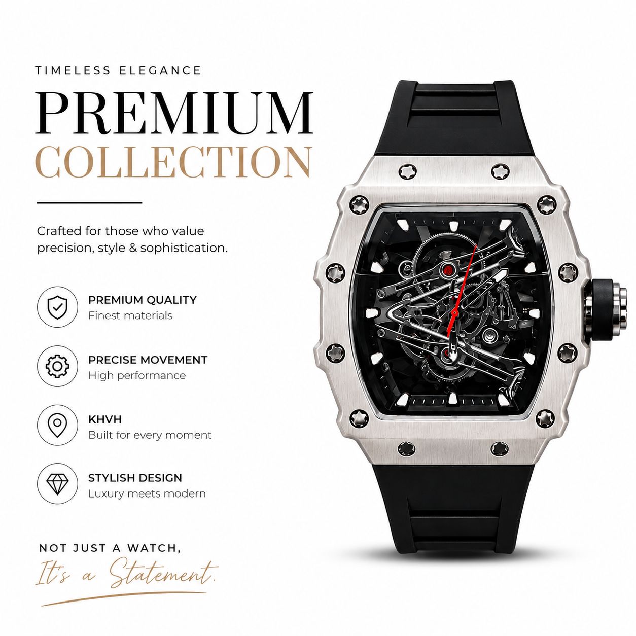 Analog Watch for Men - Skeleton-Style Dial | Brushed Steel Case with Silicone Strap