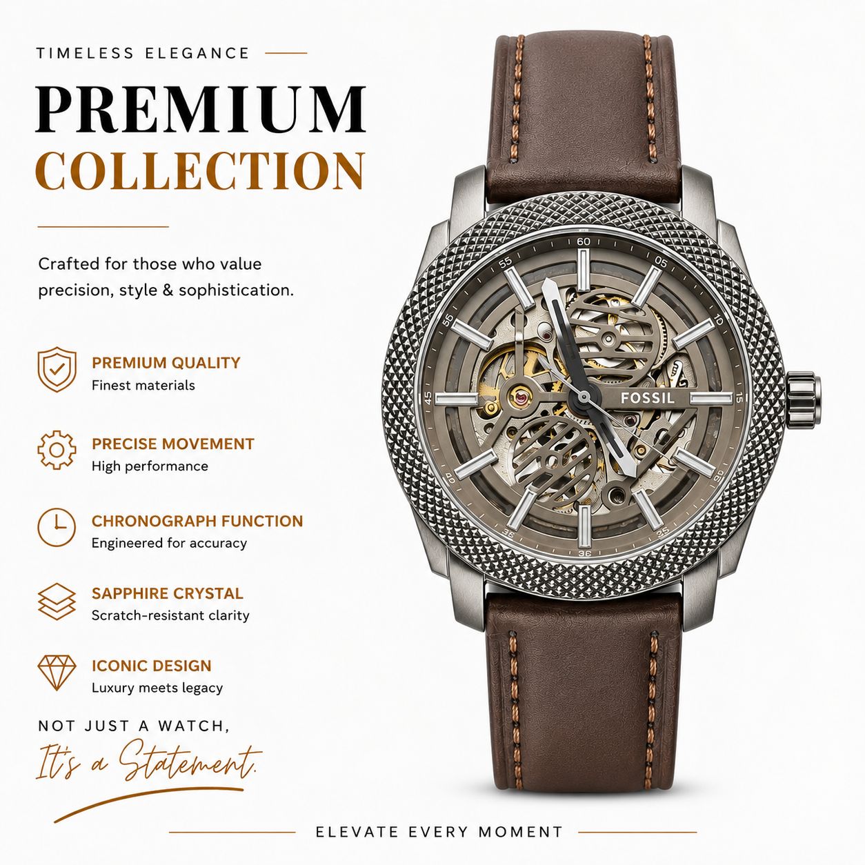 Fossil Men Leather Straps Analogue Automatic Motion Powered Watch ME3254