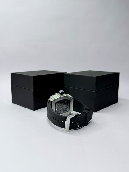 Analog Watch for Men - Skeleton-Style Dial | Brushed Steel Case with Silicone Strap