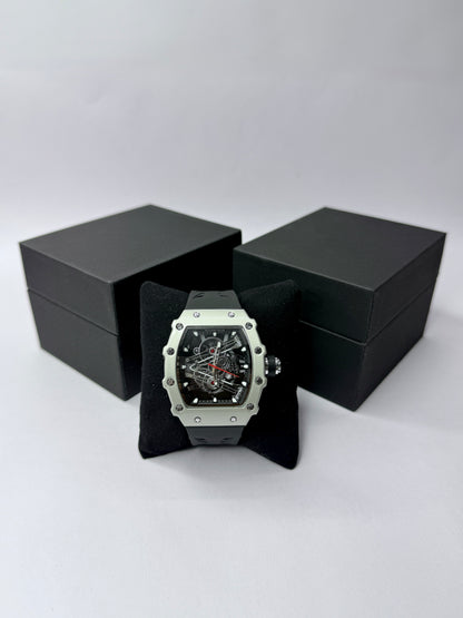 Analog Watch for Men - Skeleton-Style Dial | Brushed Steel Case with Silicone Strap
