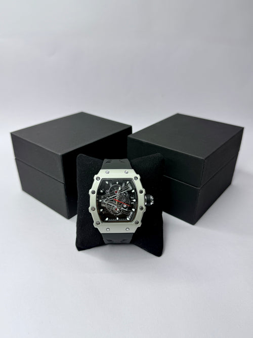 Analog Watch for Men - Skeleton-Style Dial | Brushed Steel Case with Silicone Strap