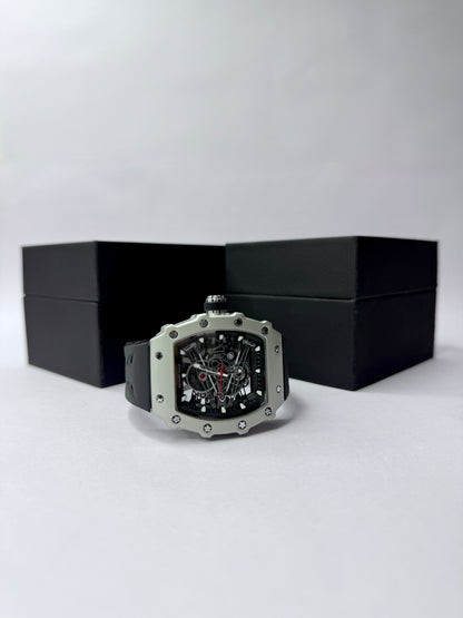 Analog Watch for Men - Skeleton-Style Dial | Brushed Steel Case with Silicone Strap