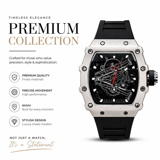 Analog Watch for Men - Skeleton-Style Dial | Brushed Steel Case with Silicone Strap