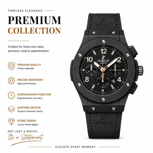 Hublot Mens Watches – Hublot Big Bang Calendar Full Black Leather Strap Watch