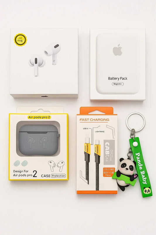 5-In-1 Ultimate Tech Combo Pack – Air Pro 2, 4-In-1 Fast Charging Cable, MagSafe Power Bank, Protective Silicone Case For Air, And Stylish Keychain